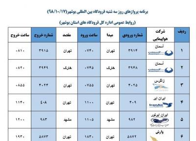 جدول پرواز های فرودگاه بوشهر در 17 دی 98